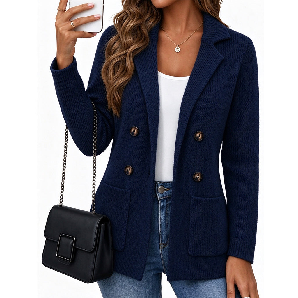 💖🧥 Women's Double-Breasted Ribbed Knit Cardigan | Pockets & Notched Lapel, Easy Layering ✨