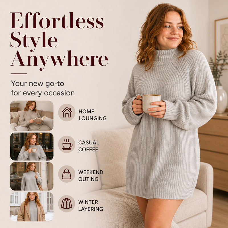 Women's Knit Sweater Dress — Cosy High Neck, Flattering Drape 👗