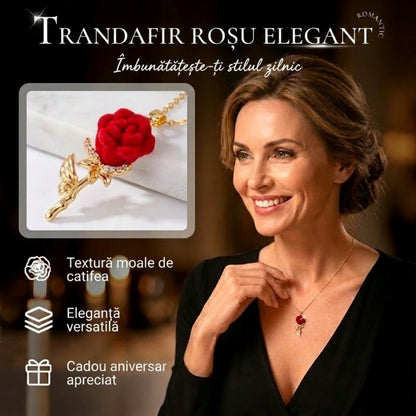 ✨ Împodobește-te cu frumusețe atemporală – Colier elegant cu pandantiv în formă de trandafir roșu – accente de cristal, finisaj auriu – ramburs 🌹