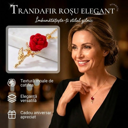 ✨ Împodobește-te cu frumusețe atemporală – Colier elegant cu pandantiv în formă de trandafir roșu – accente de cristal, finisaj auriu – ramburs 🌹
