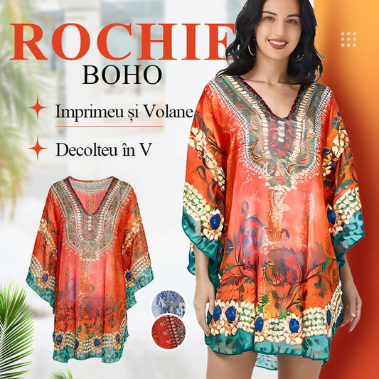 [S-5XL]💃Rochie Boho cu Imprimeu și Volane, Decolteu în V