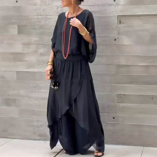 💖Set din două piese cu bluză lejeră din șifon și pantaloni cu picior lat