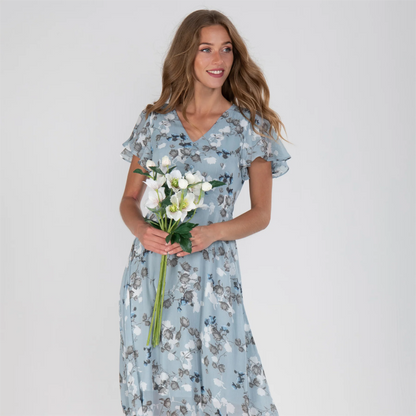 🌊 Rochie maxi cu mânecă scurtă imprimată cu flori