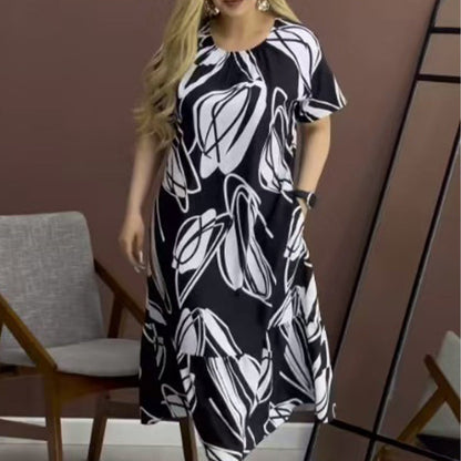 🌸 Rochie vaporoasă elegantă cu gât rotund imprimat