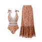 💖2025 Vânzare fierbinte💥Moda femeilor Tie-Shoulder imprimate o singură piesă costum de baie și fustă