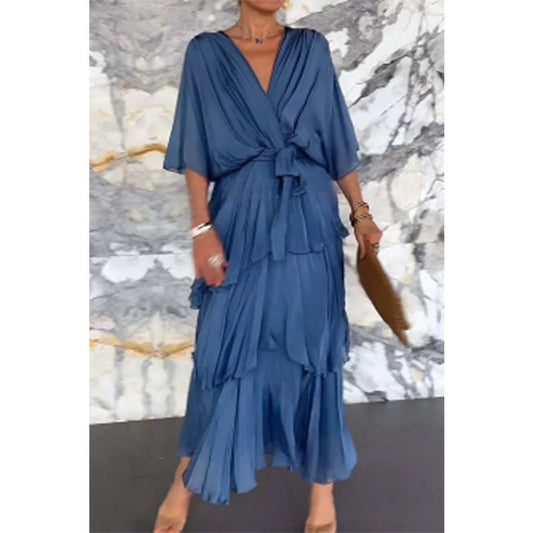 💐 Rochie stratificată elegantă, cu decolteu în V, cu înfășurare pe talie și cravată