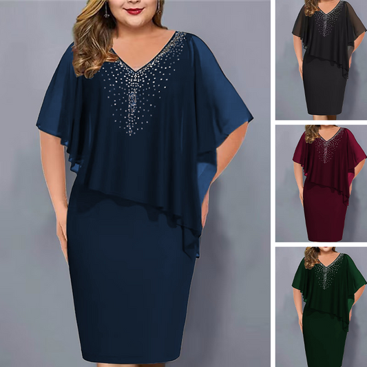 💃 Rochie cap cu gât în V cu pietre prețioase și suprapunere de șifon