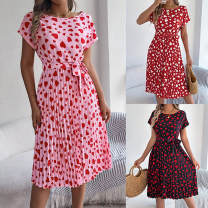 Sweetheart Pattern Round Neck Short Sleeve Dress with Matching Belt