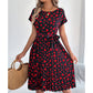 Sweetheart Pattern Round Neck Short Sleeve Dress with Matching Belt