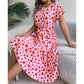 Sweetheart Pattern Round Neck Short Sleeve Dress with Matching Belt