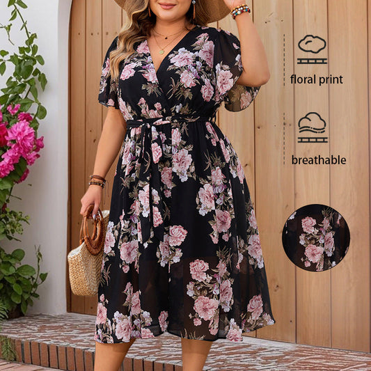 Romantic Printed Flowy V-Neck Dress with Matching Belt