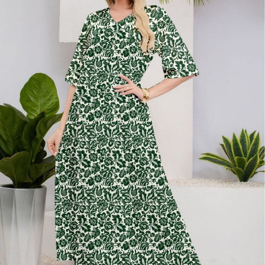Elegant retro verde model floral V-Neck Midi rochie maneca