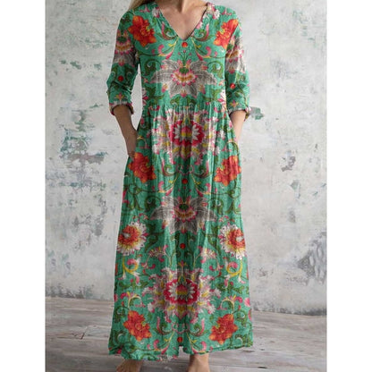 Rochie cu imprimeu retro, decolteu în V și mâneci lungi pentru femei