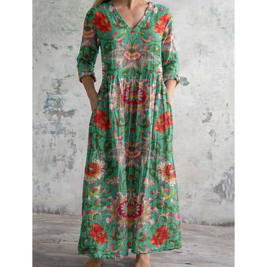 Rochie cu imprimeu retro, decolteu în V și mâneci lungi pentru femei