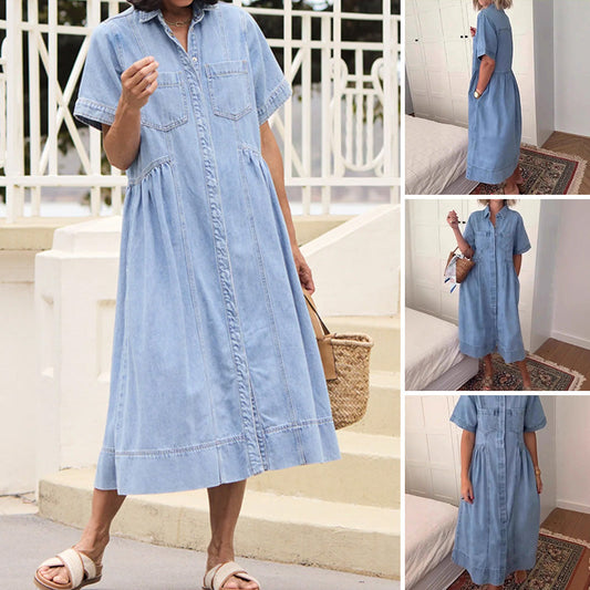 Loose Fit Pocket Details Lapel Denim Dress
