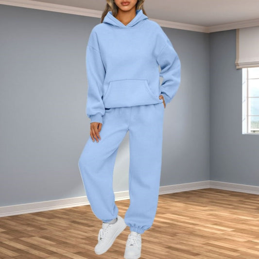 Set casual din 2 piese: bluză cu glugă și mâneci lungi și pantaloni