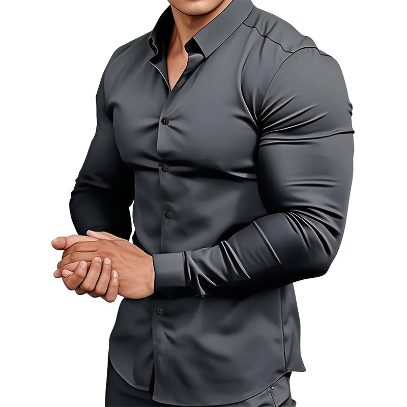 Men's Lapel Button-Down Shirt — Long Sleeve, Solid Colour 👔