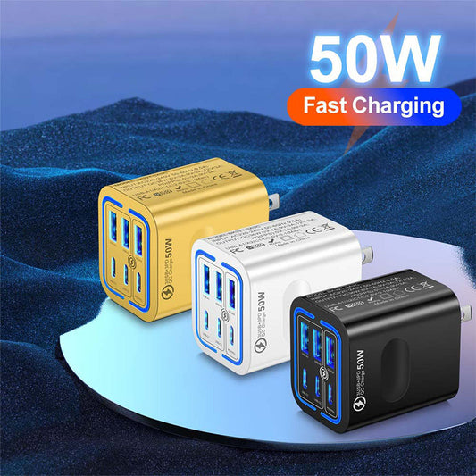 ⚡ Încarcă rapid toate dispozitivele – Încărcător de perete USB‑C 50W cu 6 porturi (3×USB‑A + 3×USB‑C) – ramburs 🔌