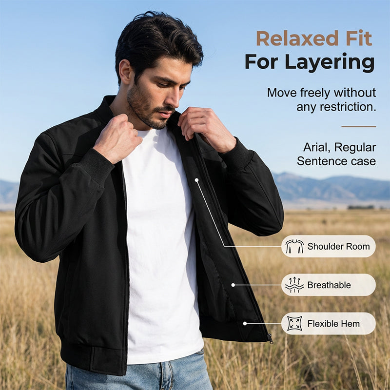 🧥 Men's Classic Bomber Jacket with Zip Front | Timeless, Comfortable & Effortlessly Stylish ✨