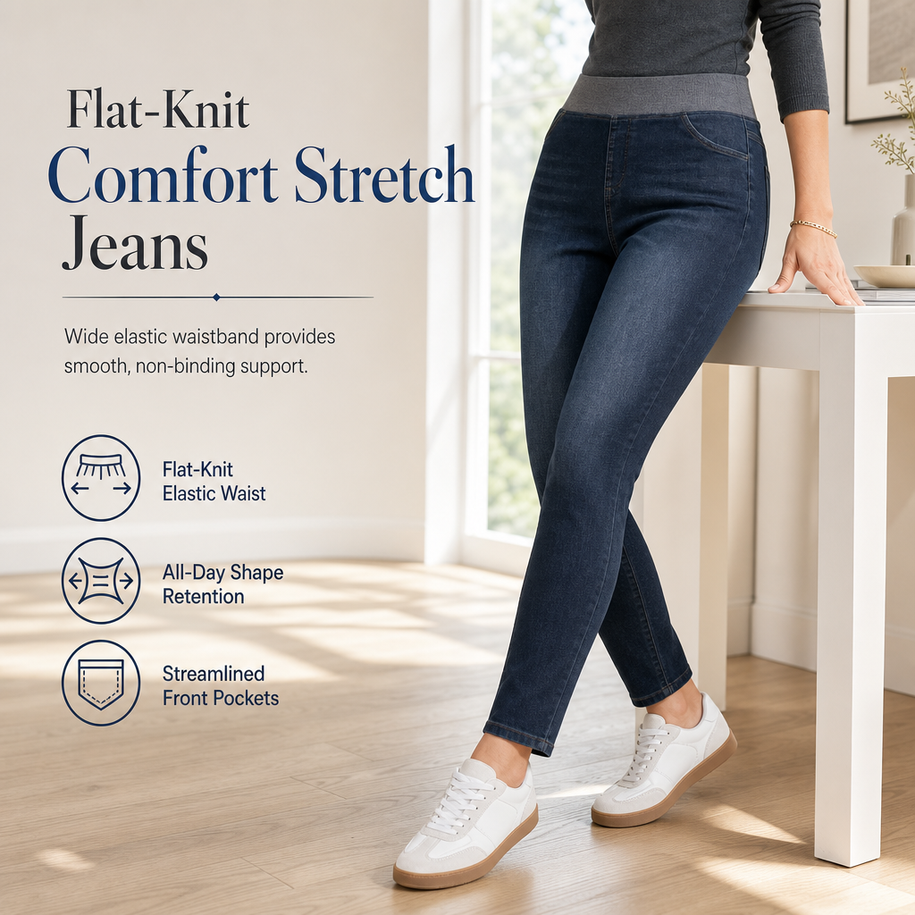 🤠👖 Women's High-Rise Pull-On Slim Fit Dark Wash Denim Jeans | Wide Elastic Waistband & Easy Comfort ✨
