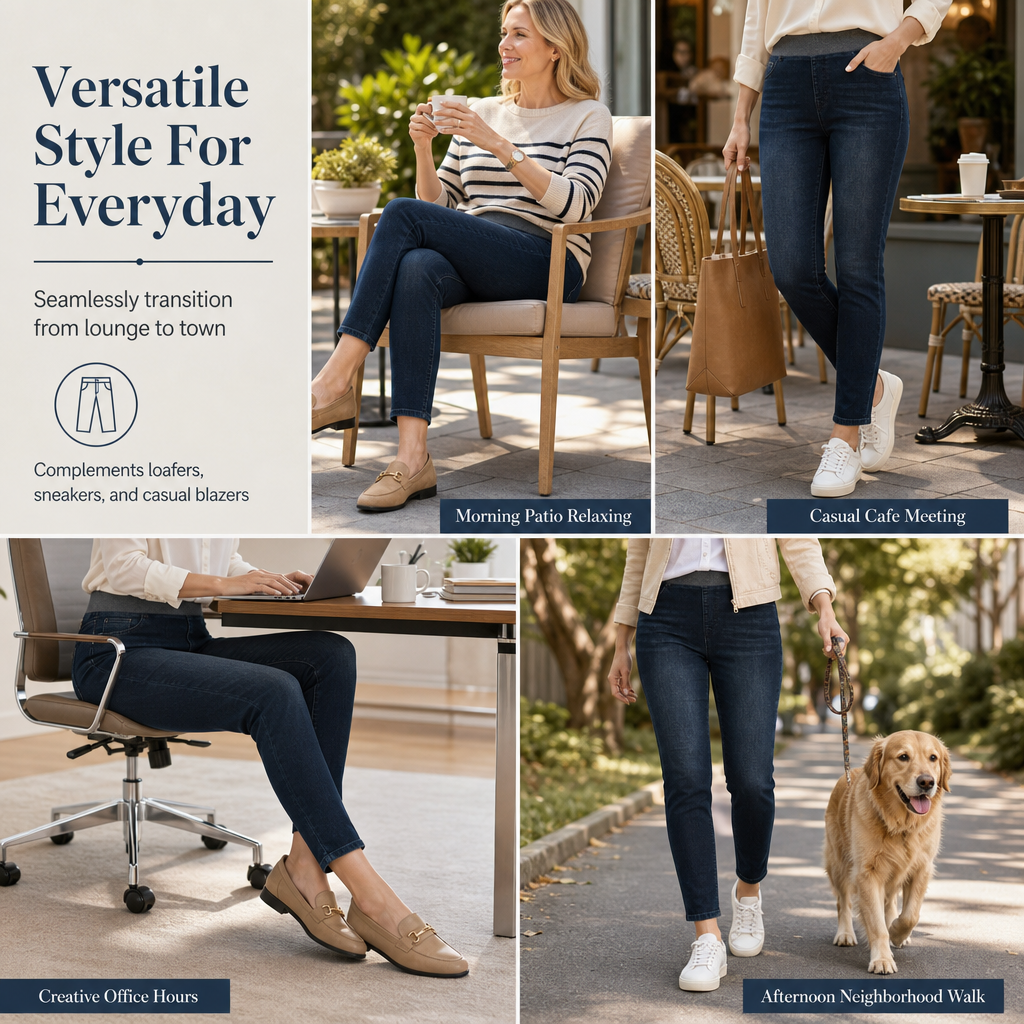 🤠👖 Women's High-Rise Pull-On Slim Fit Dark Wash Denim Jeans | Wide Elastic Waistband & Easy Comfort ✨