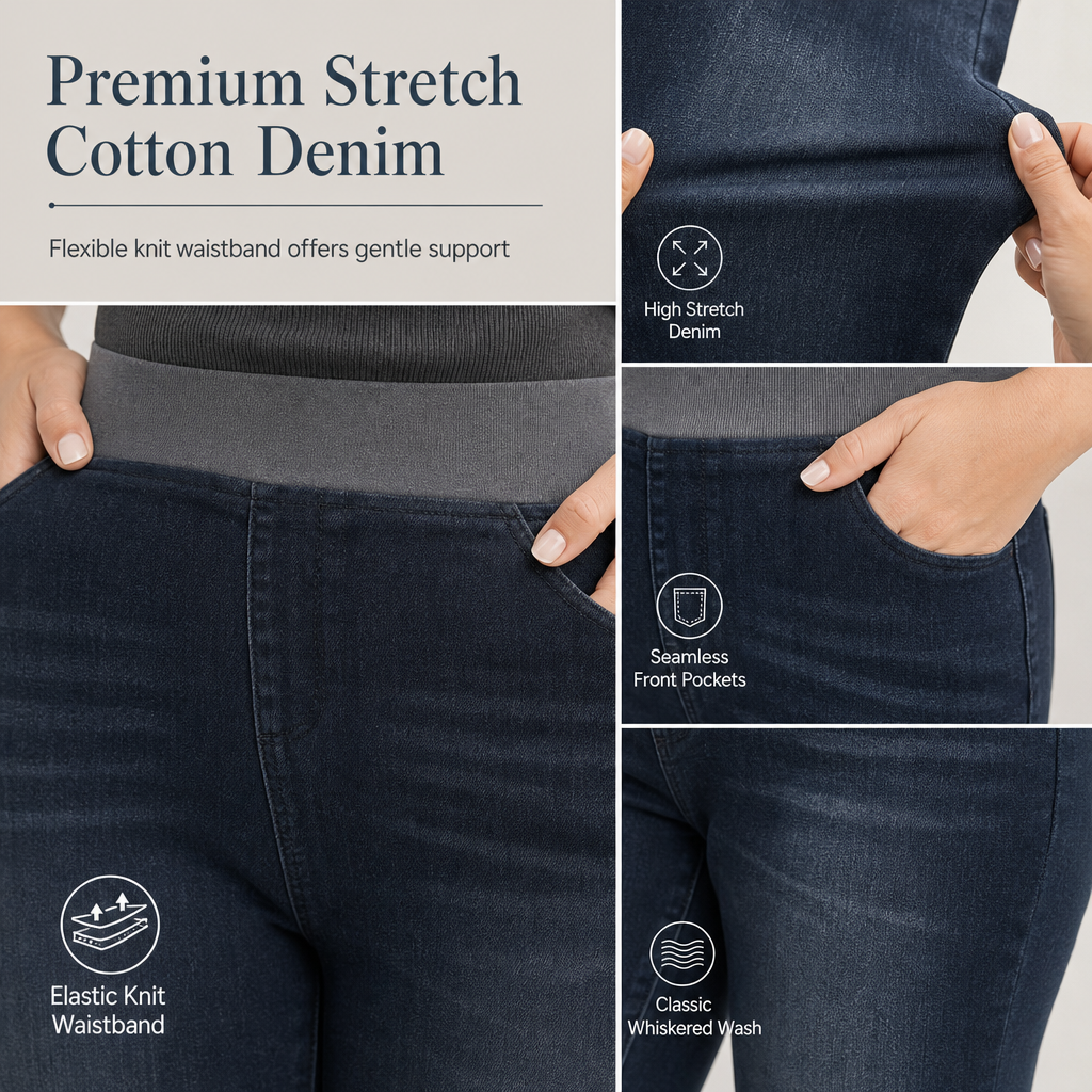 🤠👖 Women's High-Rise Pull-On Slim Fit Dark Wash Denim Jeans | Wide Elastic Waistband & Easy Comfort ✨