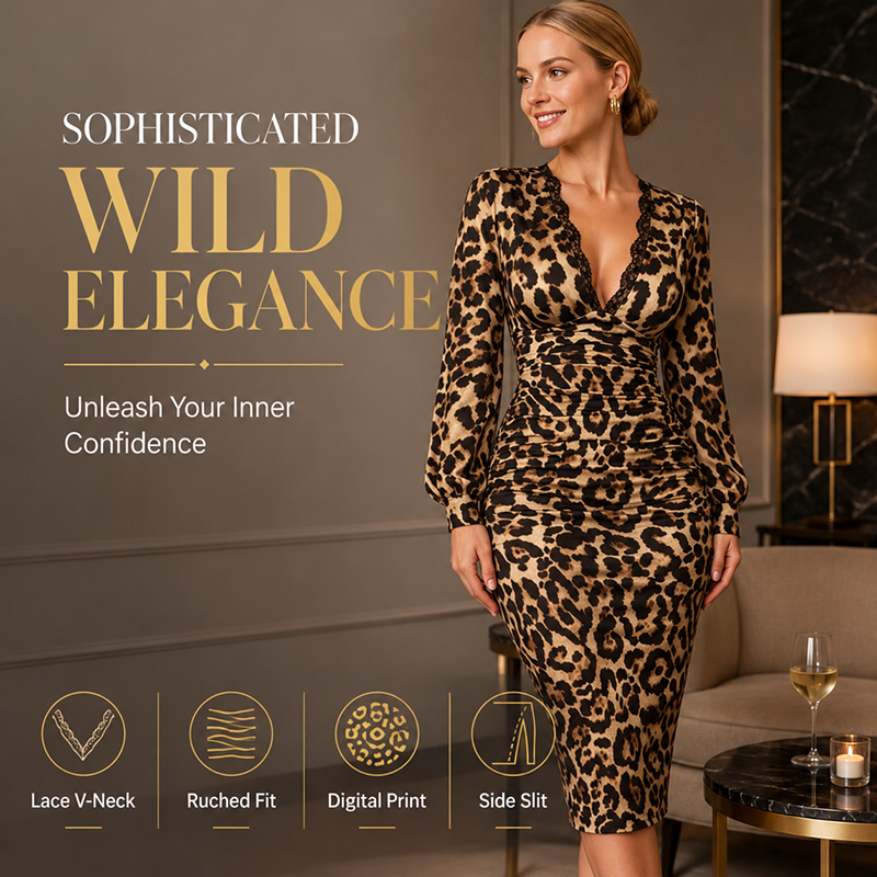 Lace V-Neck & Curve-Flattering Ruched Fit — Women’s Leopard Midi Dress 🐆👗