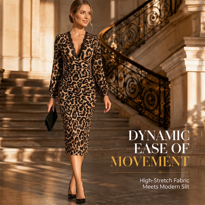 Lace V-Neck & Curve-Flattering Ruched Fit — Women’s Leopard Midi Dress 🐆👗