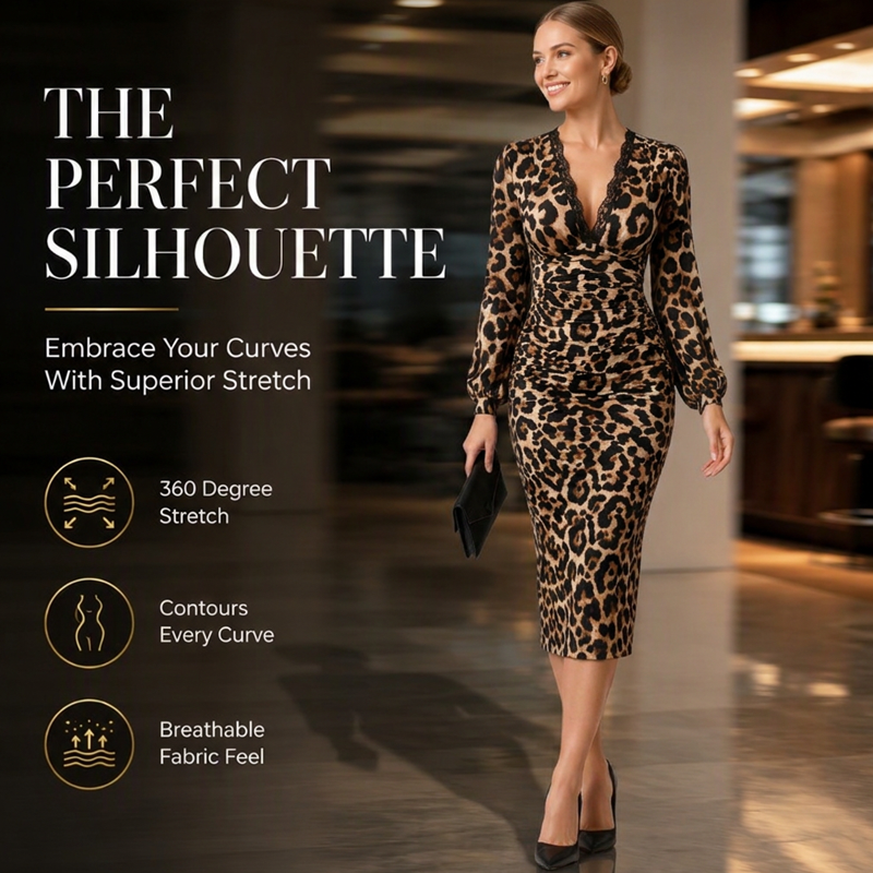 Lace V-Neck & Curve-Flattering Ruched Fit — Women’s Leopard Midi Dress 🐆👗