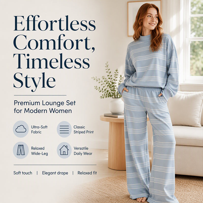 Striped Mock Neck & Wide-Leg — Women’s Top & Pants Set 👚👖