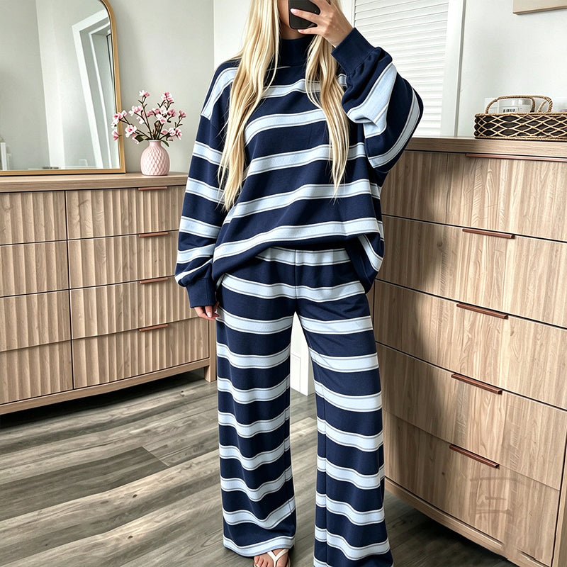 Striped Mock Neck & Wide-Leg — Women’s Top & Pants Set 👚👖