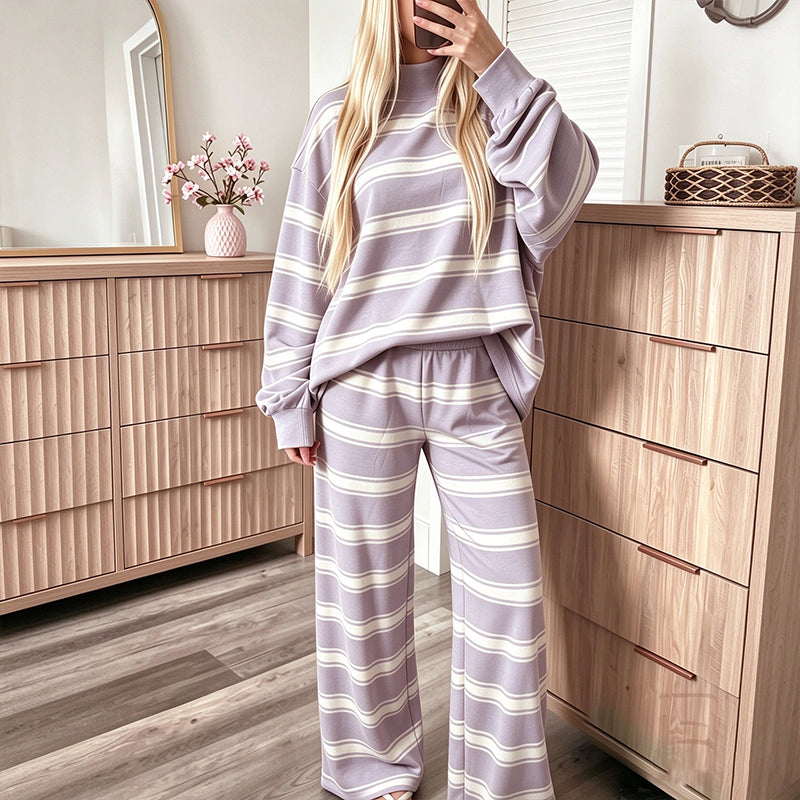 Striped Mock Neck & Wide-Leg — Women’s Top & Pants Set 👚👖