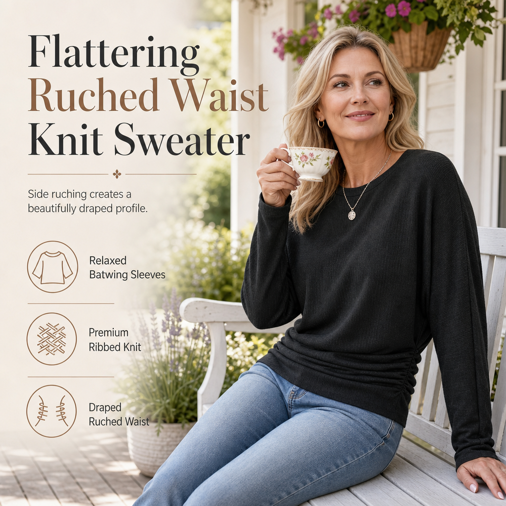 Women's Loose Knit Jumper — Batwing Sleeves, Side Ruched 🧥