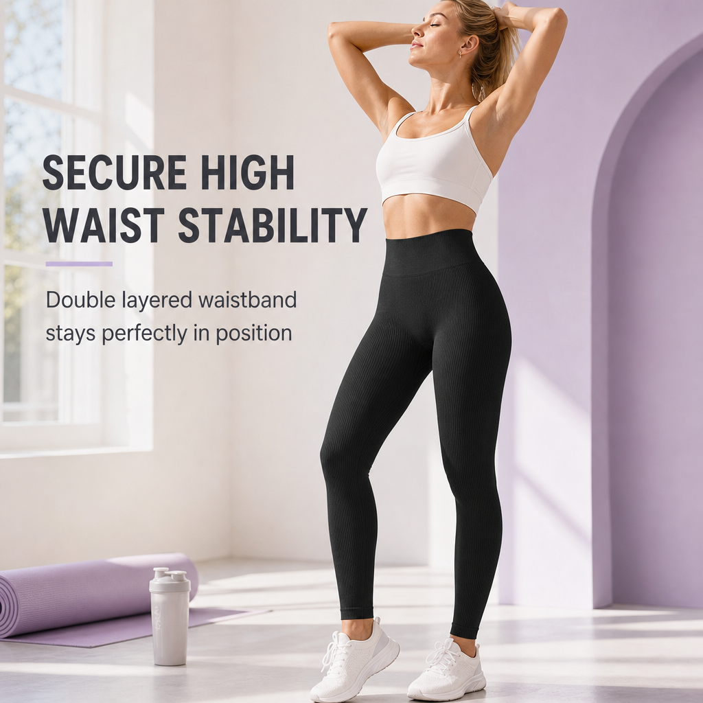 High Waisted Seamless Ribbed Leggings — Yoga Gym Workout 🌿🌬️