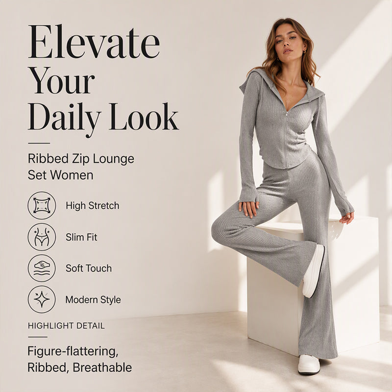 🧥 Women's Ribbed Hooded Zip-Up Jacket & Flare Pants Set | Easy Matching & Everyday Comfort ✨