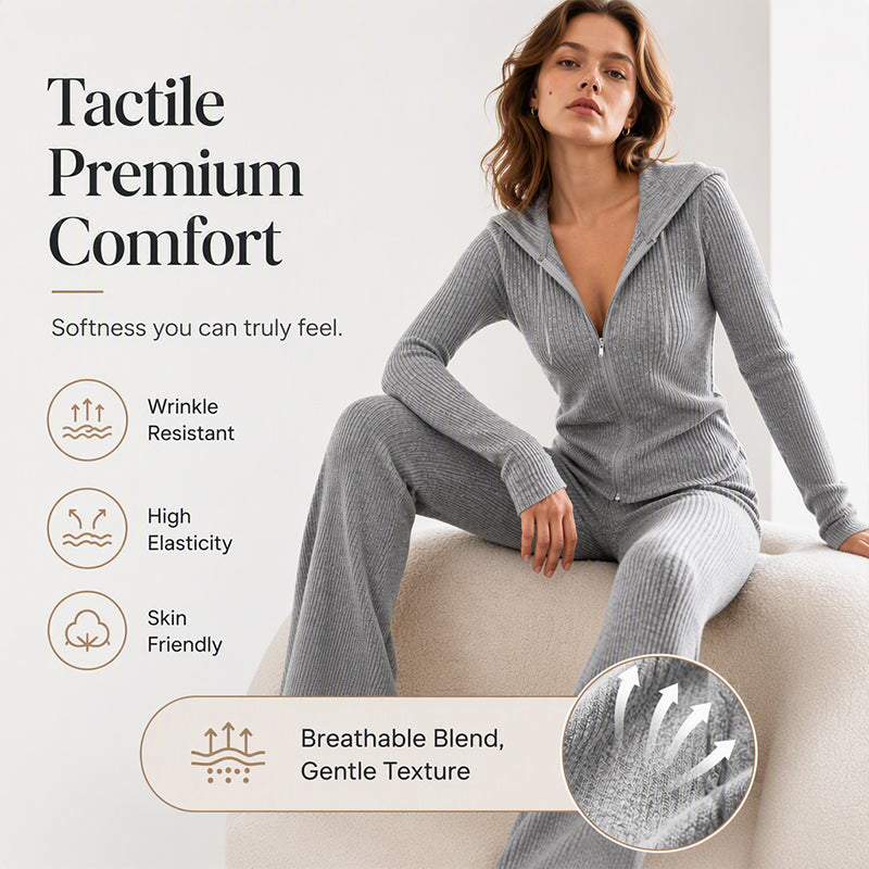 🧥 Women's Ribbed Hooded Zip-Up Jacket & Flare Pants Set | Easy Matching & Everyday Comfort ✨