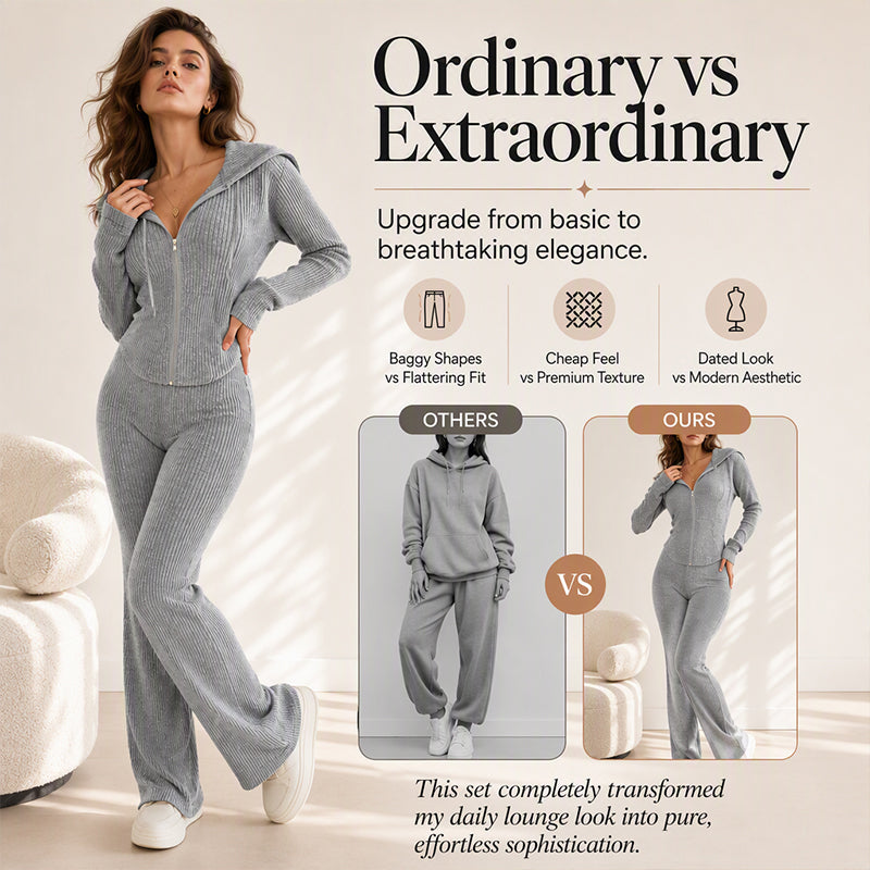 🧥 Women's Ribbed Hooded Zip-Up Jacket & Flare Pants Set | Easy Matching & Everyday Comfort ✨