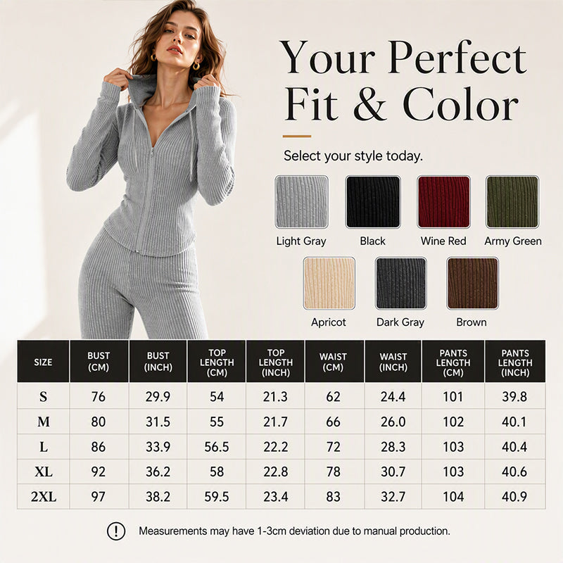 🧥 Women's Ribbed Hooded Zip-Up Jacket & Flare Pants Set | Easy Matching & Everyday Comfort ✨