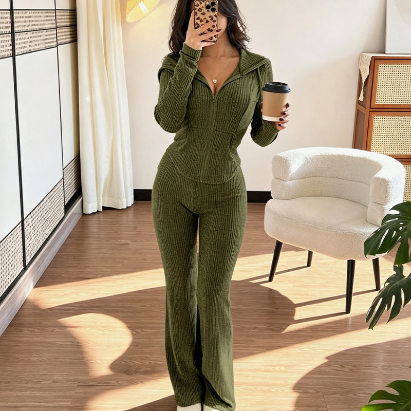 🧥 Women's Ribbed Hooded Zip-Up Jacket & Flare Pants Set | Easy Matching & Everyday Comfort ✨
