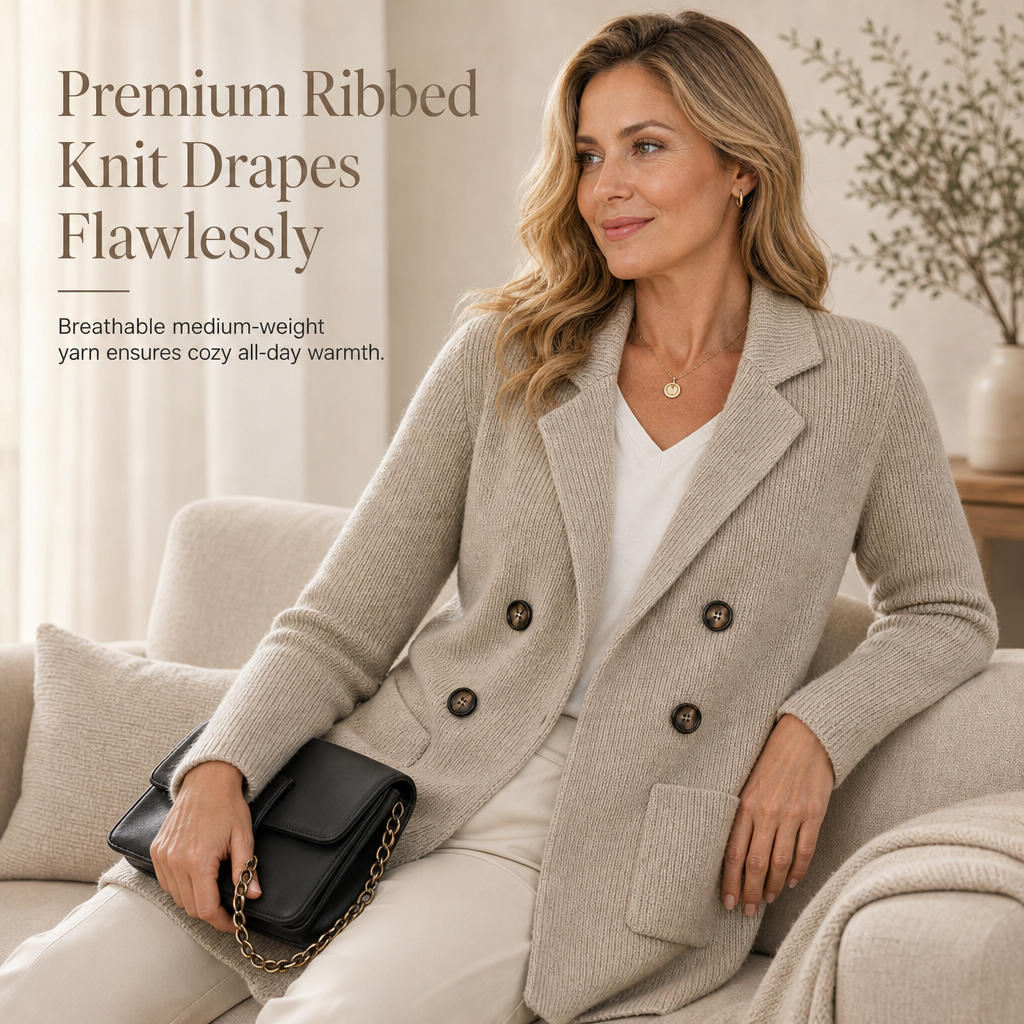 💖🧥 Women's Double-Breasted Ribbed Knit Cardigan | Pockets & Notched Lapel, Easy Layering ✨