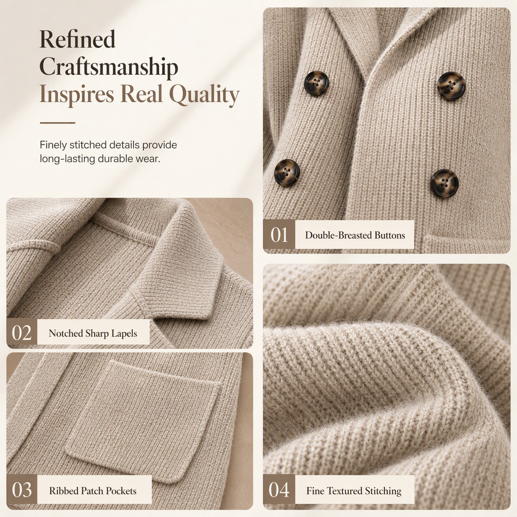 💖🧥 Women's Double-Breasted Ribbed Knit Cardigan | Pockets & Notched Lapel, Easy Layering ✨