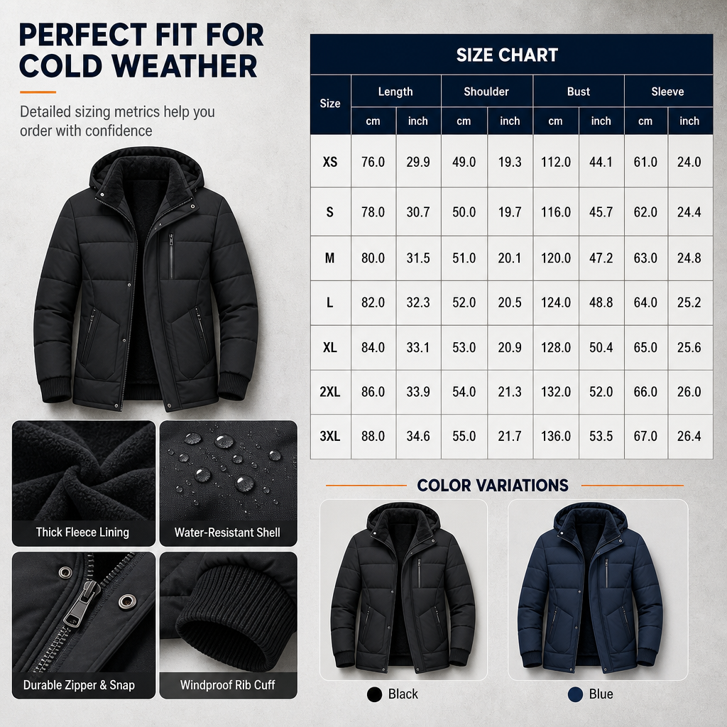 Men's Winter Fleece Lined Coat with Detachable Hood