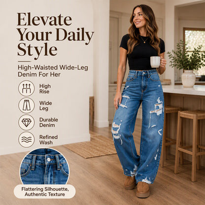 Women's Chic Distressed Denim Wide-Leg Pants