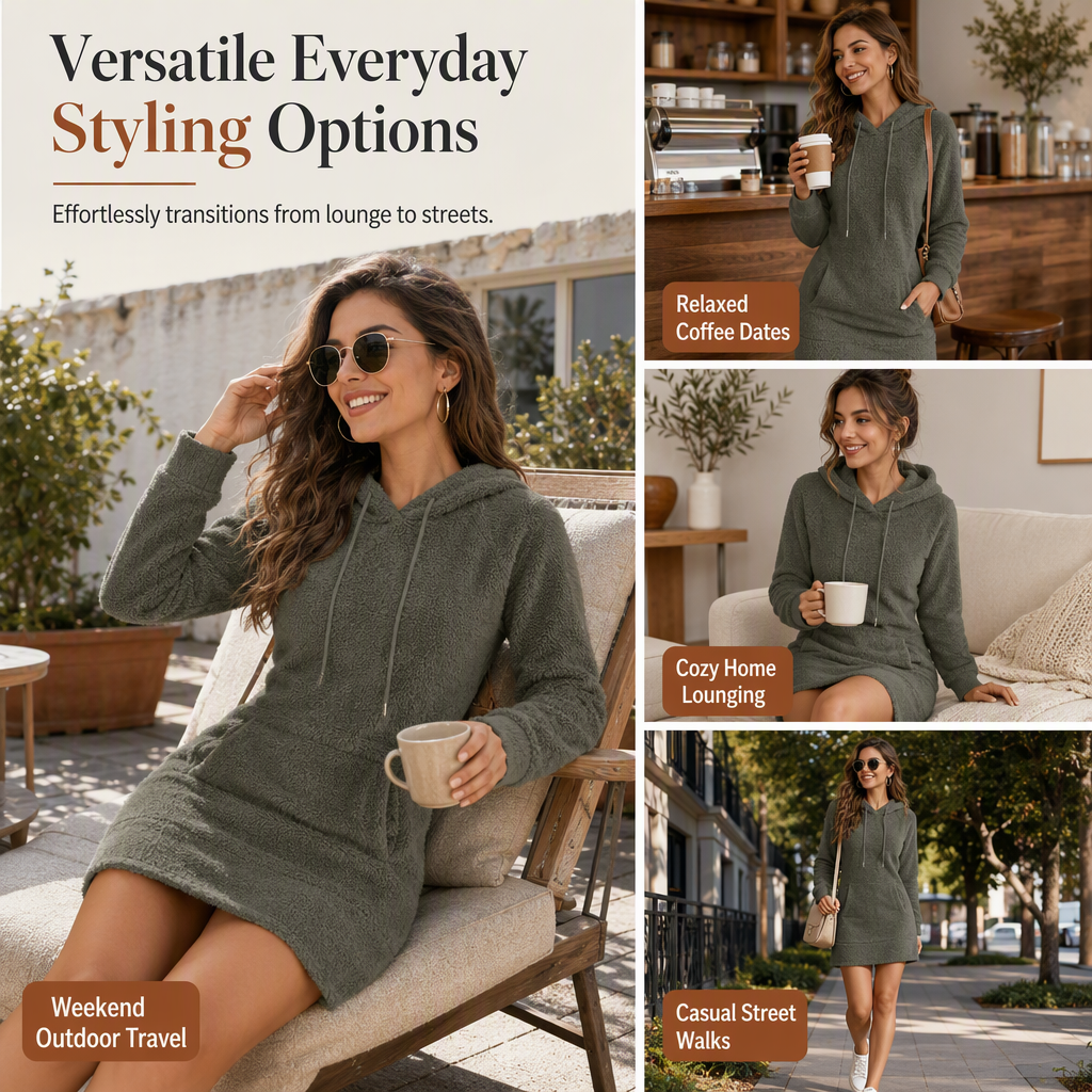 Women's Casual Fuzzy Fleece Pullover Hoodie Dress