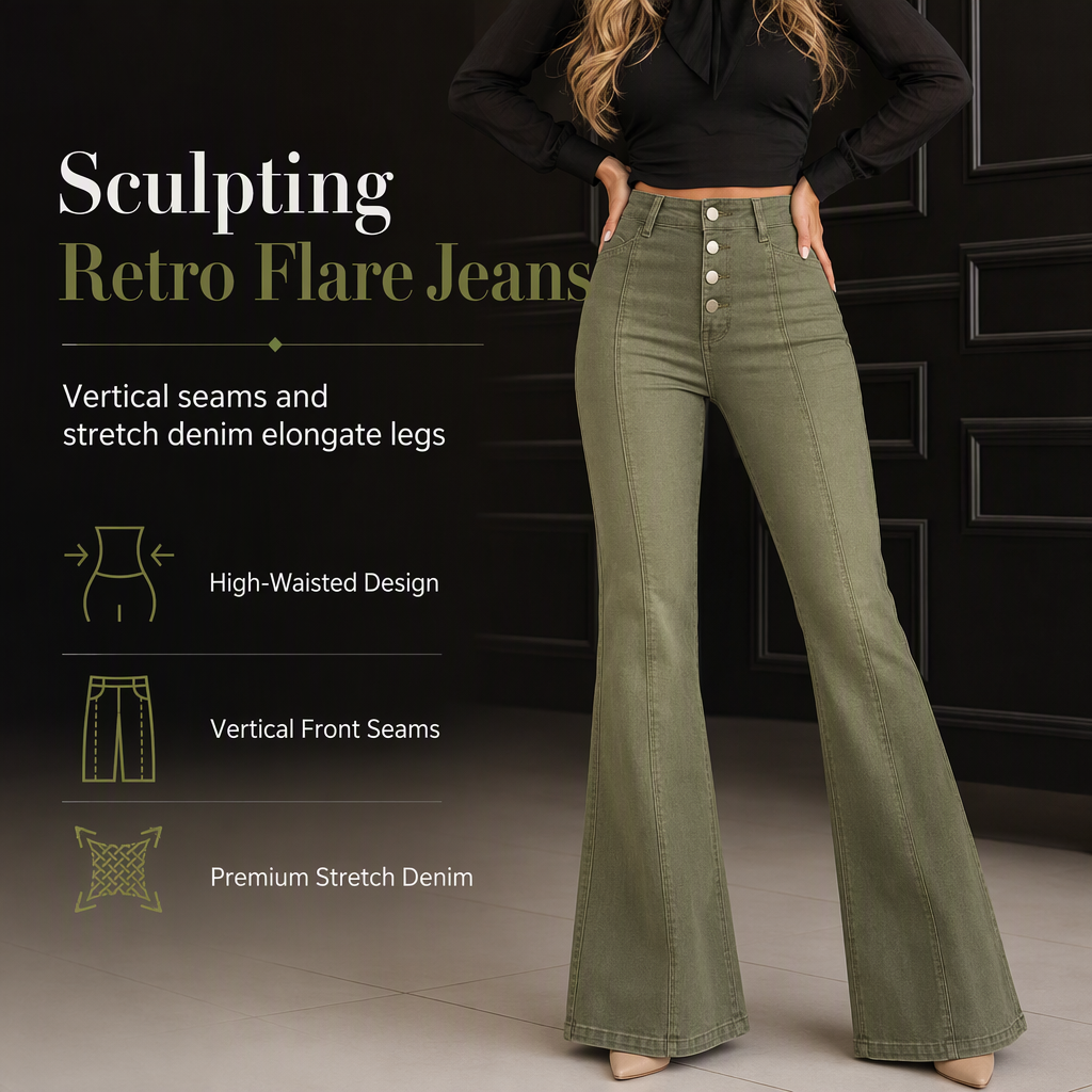 🖤Black Friday Sale:50% OFF🖤 Women's Olive Green High-Waisted Multi-Button Flare Jeans with Vertical Front Seams