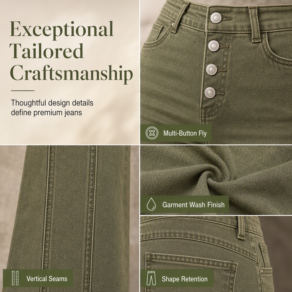 🖤Black Friday Sale:50% OFF🖤 Women's Olive Green High-Waisted Multi-Button Flare Jeans with Vertical Front Seams