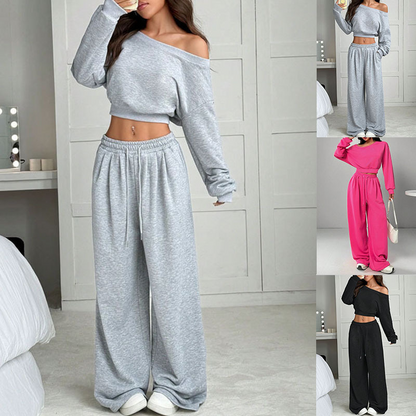 👚 Women's Off-Shoulder Sweatshirt & Wide-Leg Pants Set | Relaxed Co-ord – Effortless Loungewear for Home & Out ✨