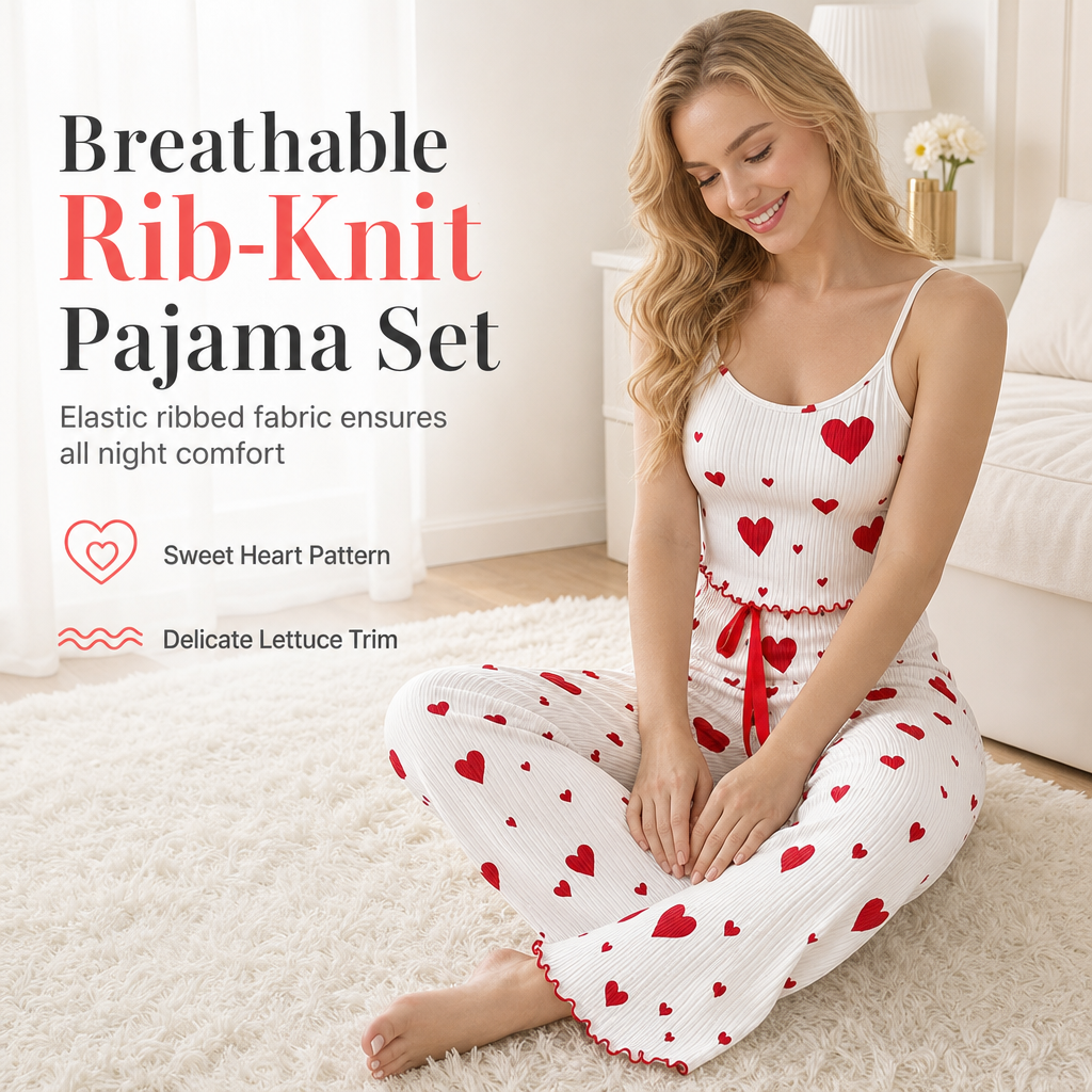 💖 Women's 2-Piece Ribbed Pajama Set | Heart-Print Cami & Long Pants – Cozy Loungewear for Sweet Nights ✨