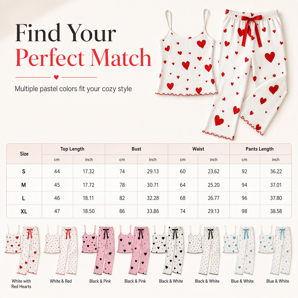 💖 Women's 2-Piece Ribbed Pajama Set | Heart-Print Cami & Long Pants – Cozy Loungewear for Sweet Nights ✨