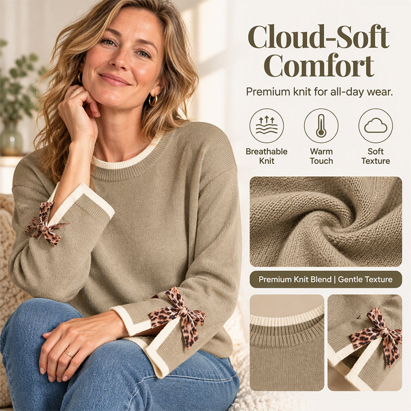 🎀 Women's Crewneck Sweater with Leopard Bow Cuffs | Playful Detail, Cozy Fit – Chic Everyday Knit ✨